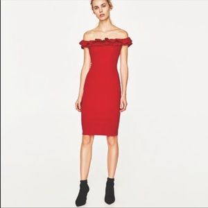 Zara Red off the Shoulder Ruffle Midi Dress